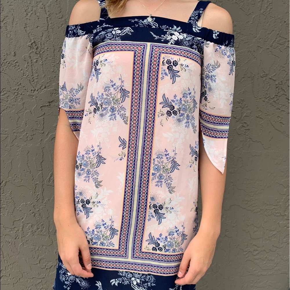 Light Pink & Navy Floral Off the Shoulder Dress
